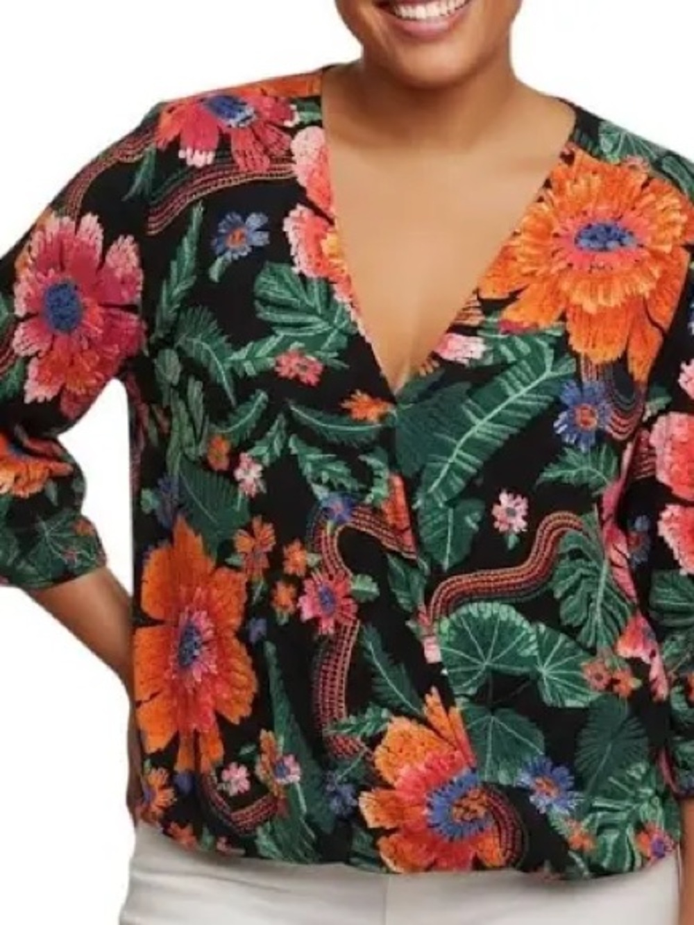 Rachel Zoe Black Tropical Floral Surplice Blouse. Small